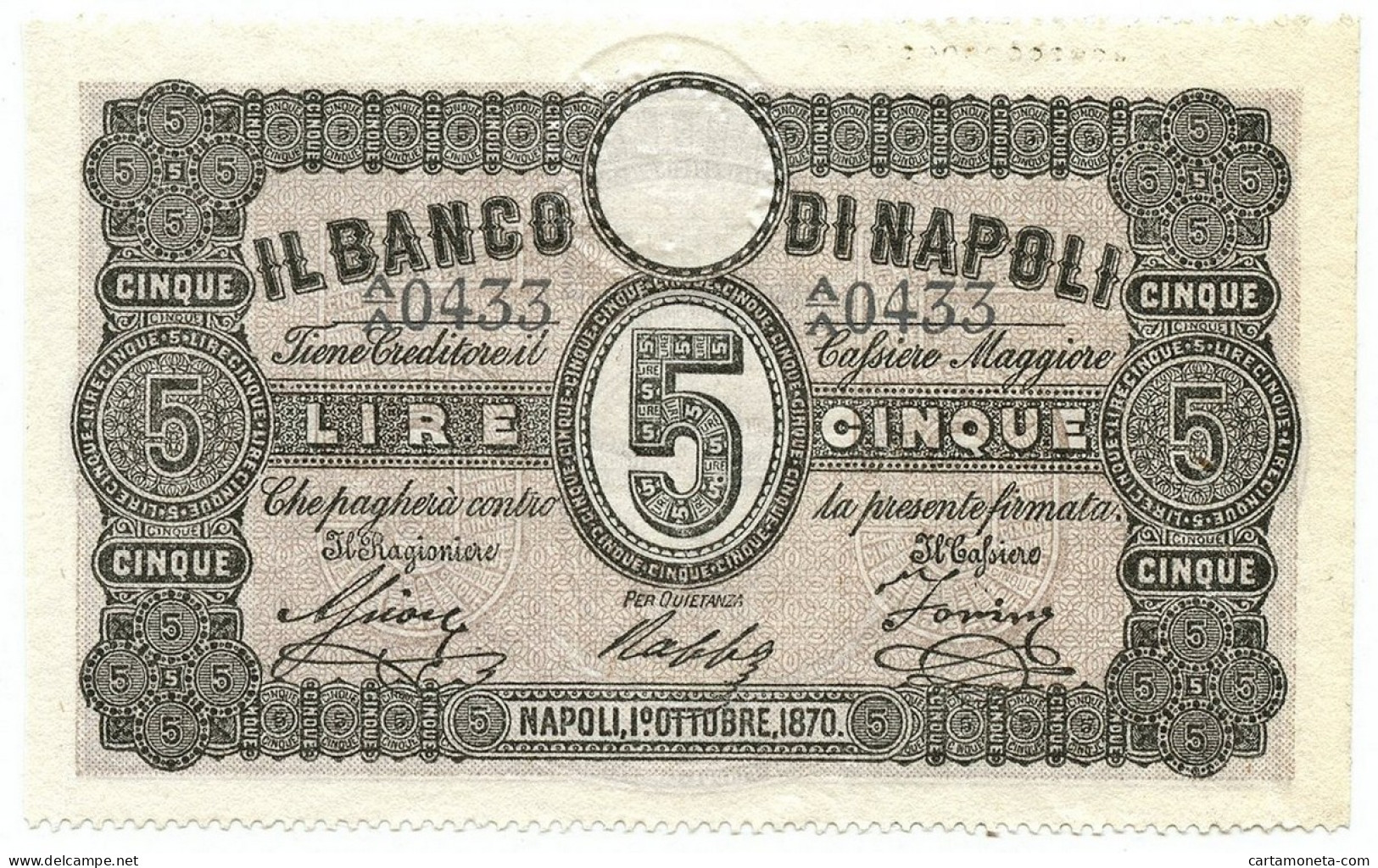 5 LIRE BANCO DI NAPOLI FEDE DI CREDITO 01/10/1870 SPL+ - Altri & Non Classificati
