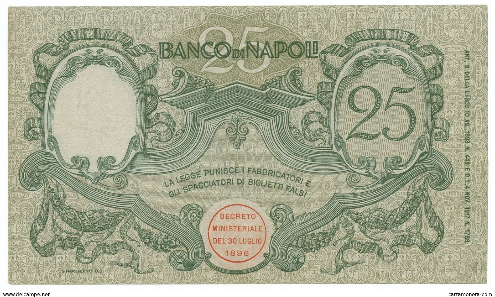 25 LIRE BANCO DI NAPOLI BIGLIETTO AL PORTATORE 17/08/1918 SPL+ - Other & Unclassified