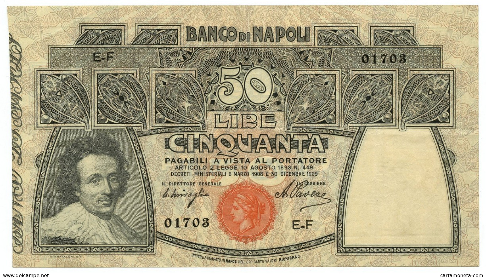 50 LIRE BANCO DI NAPOLI BIGLIETTO AL PORTATORE 30/12/1909 SPL- - Altri & Non Classificati