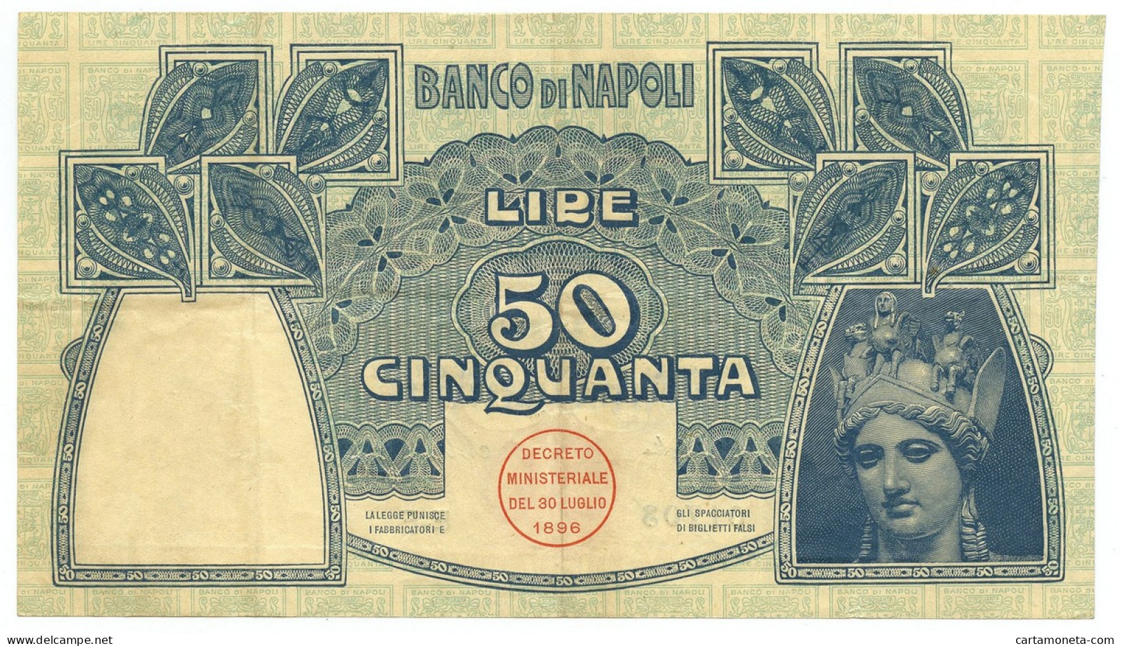 50 LIRE BANCO DI NAPOLI BIGLIETTO AL PORTATORE 30/12/1909 SPL- - Autres & Non Classés