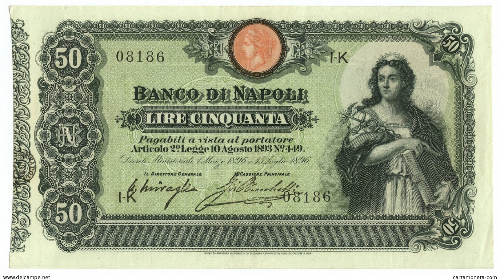 50 LIRE BANCO DI NAPOLI BIGLIETTO AL PORTATORE TESTINA DECRETO 15/07/1896 SPL- - Sonstige & Ohne Zuordnung