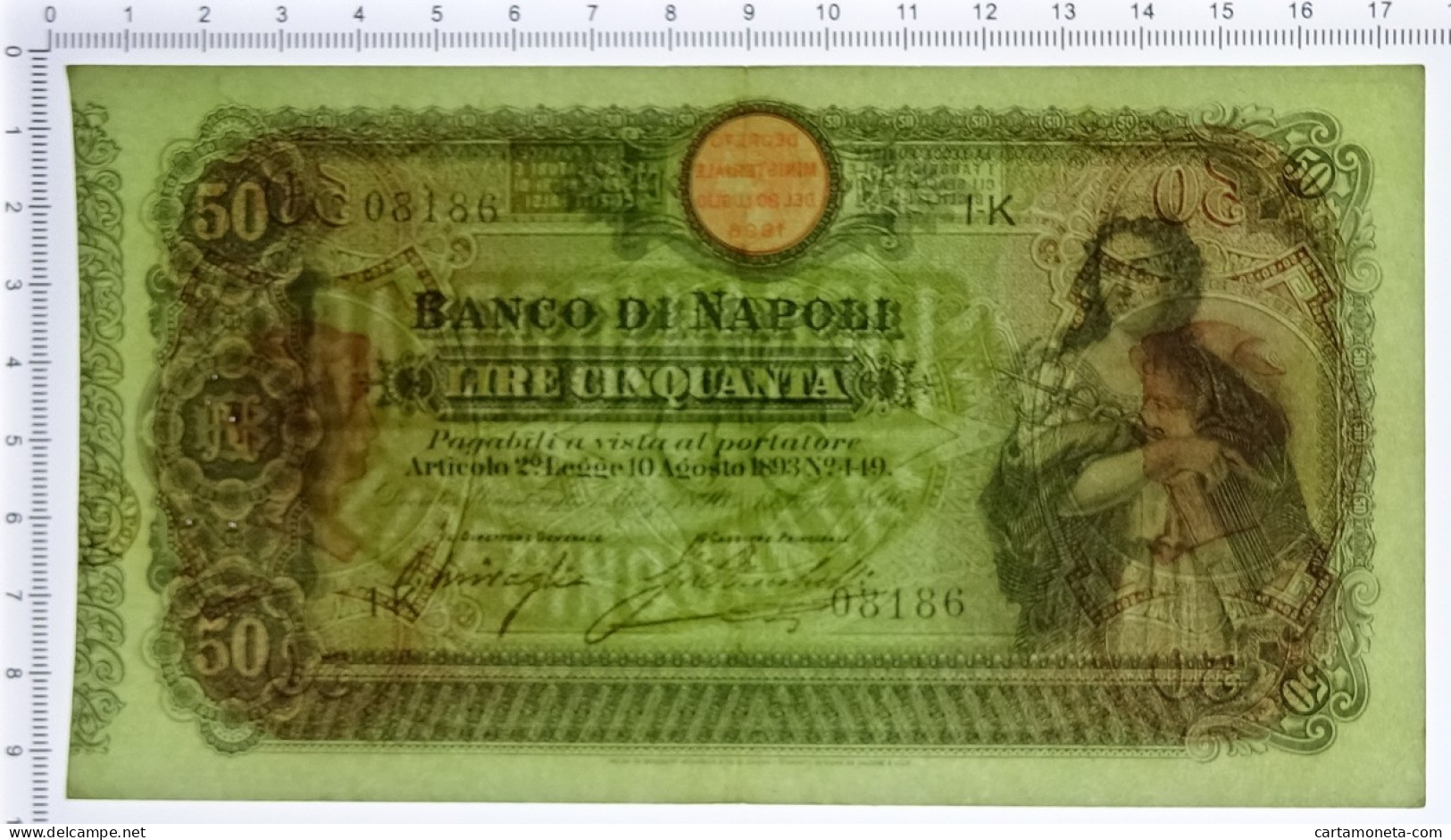 50 LIRE BANCO DI NAPOLI BIGLIETTO AL PORTATORE TESTINA DECRETO 15/07/1896 SPL- - Sonstige & Ohne Zuordnung