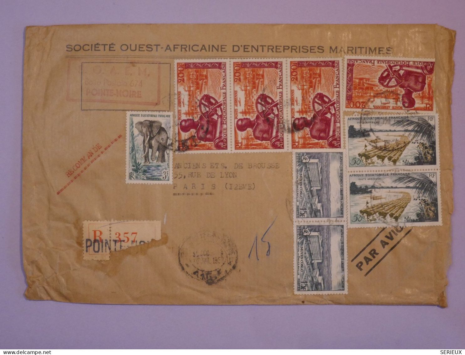 BS18 AEF CONGO BELLE LETTRE MARITIME PRIVEE RR 1959 POINTE NOIRE  A PARIS FRANCE +BANDE VERT. DU 200 F  AF. FLAMBOYANT - Storia Postale