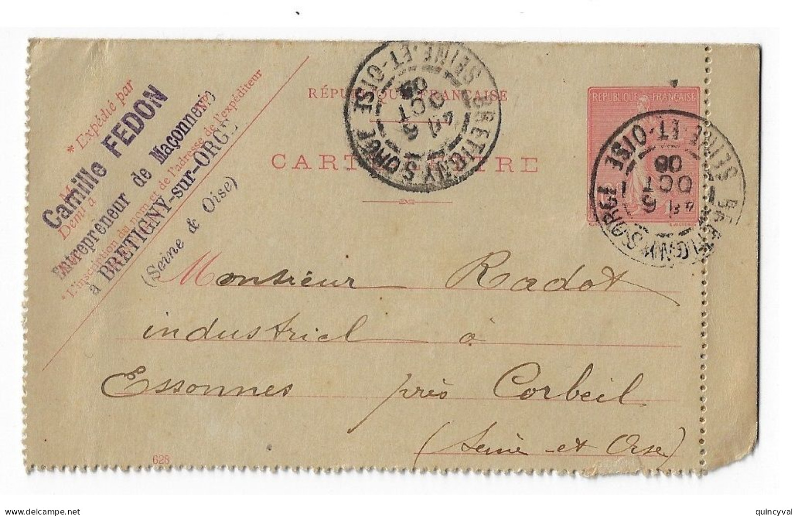 BRETIGNY Sur ORGE Seine Et Oise Entier Carte Lettre 10c Semeuse Lignée Yv 129-CL1 Mill 628 Ob 6/10/1906 Maçonnerie FEDON - Kaartbrieven