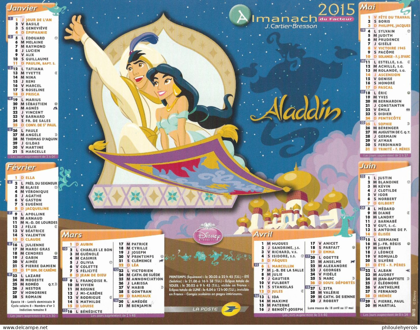 CALENDRIER 2015 ALADIN Et LA BELLE ET LA BETE  DISNEY - Tamaño Grande : 2001-...