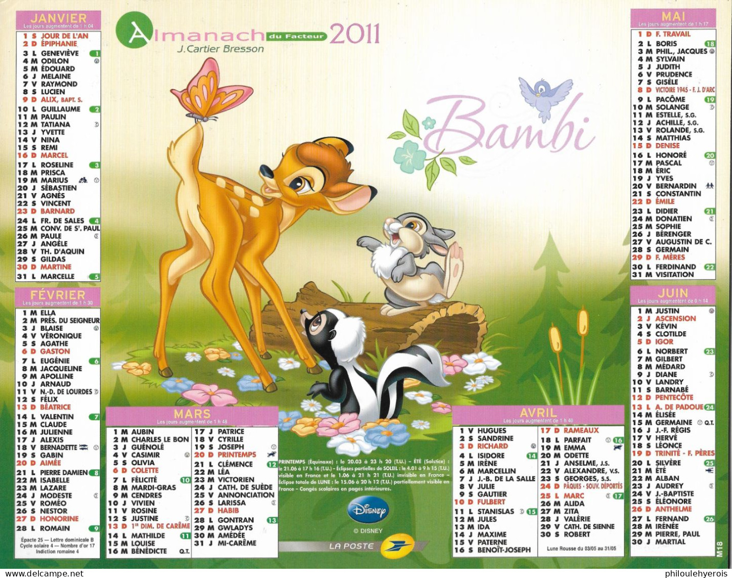 CALENDRIER 2011 BAMBI Et DUMBO  DISNEY - Tamaño Grande : 2001-...