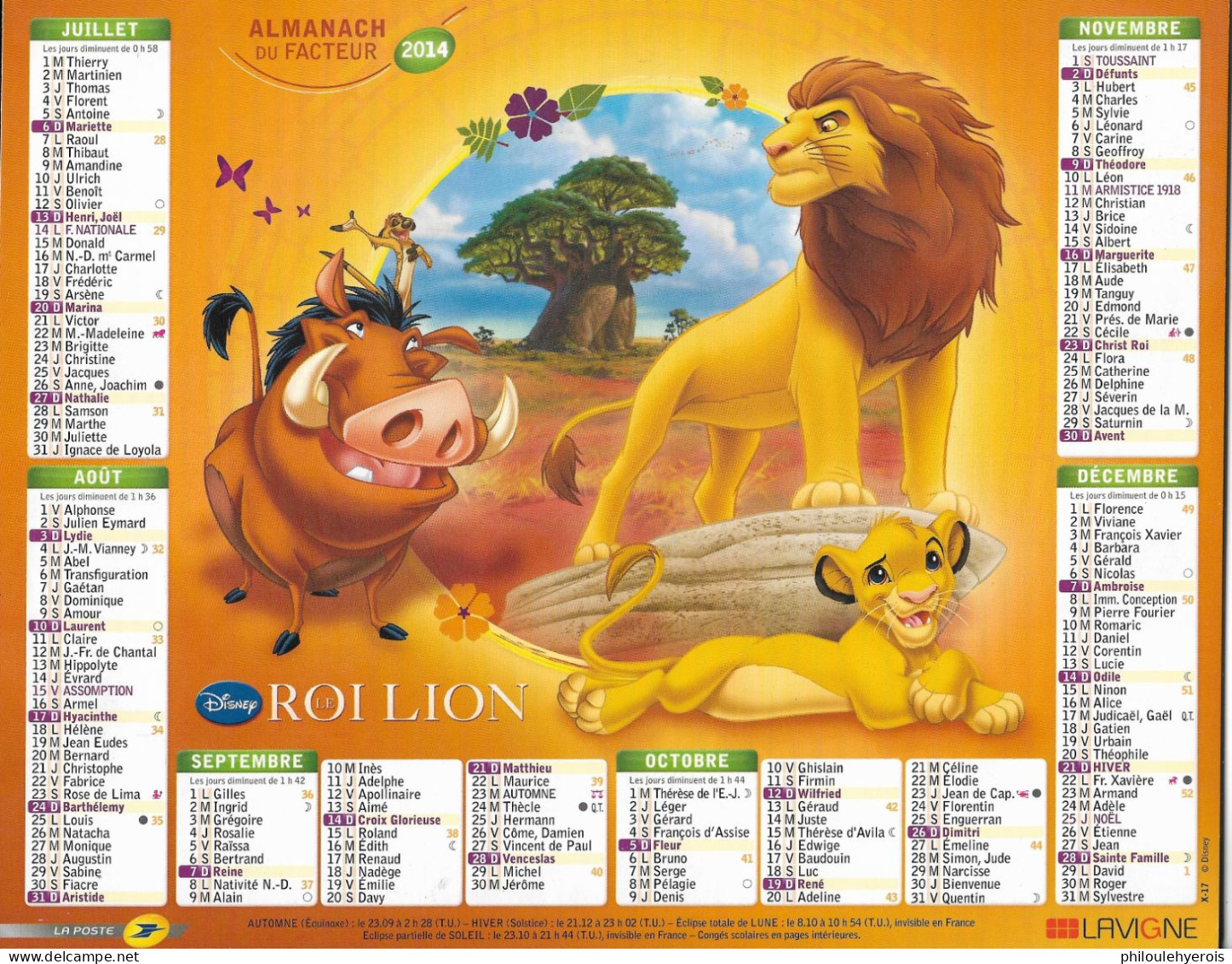 CALENDRIER 2014 LE ROI LION Et BAMBI  DISNEY - Formato Grande : 2001-...