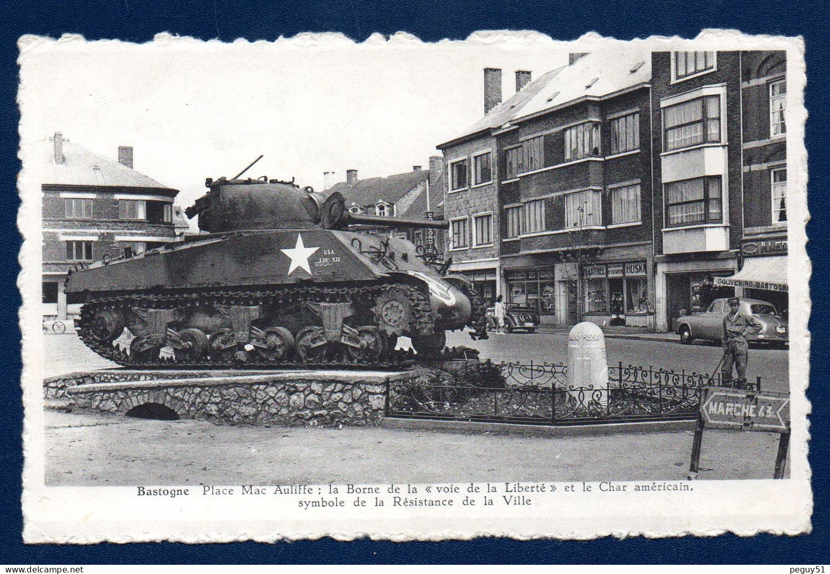 Bastogne. Place Mac Auliffe. La Borne De La Voie De  Liberté. Char Sherman M4. - Bastogne