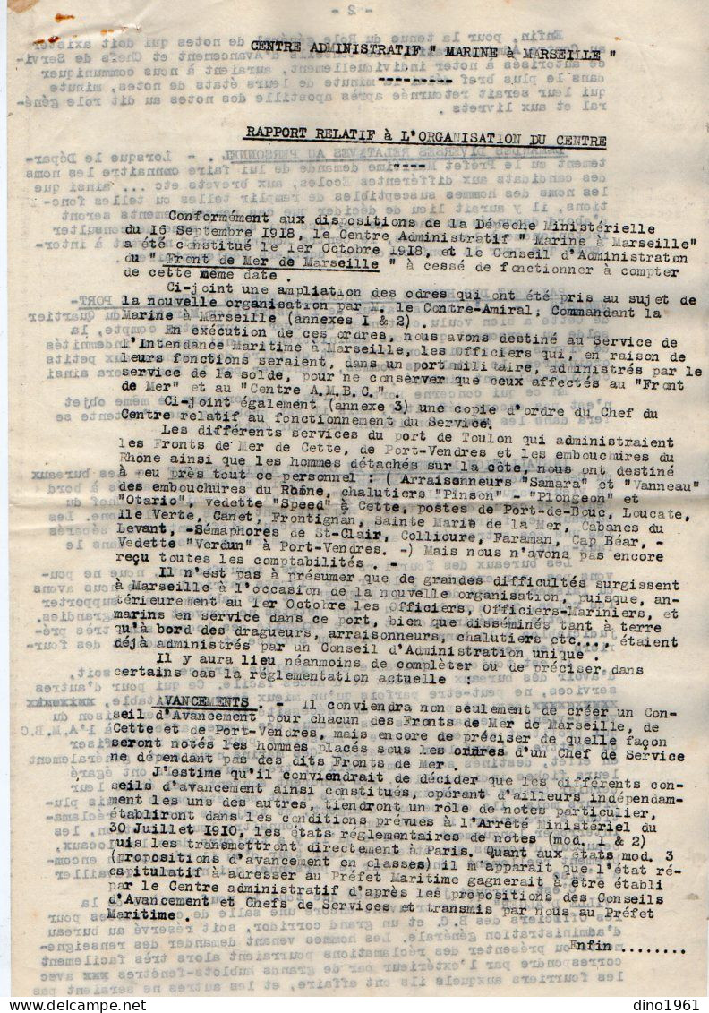 VP22.041 - MILITARIA - Guerre 14/18 - MARSEILLE 1918 - Rapport & Lettre Du Contre - Amiral MORNET Commandant La Marine . - Documents