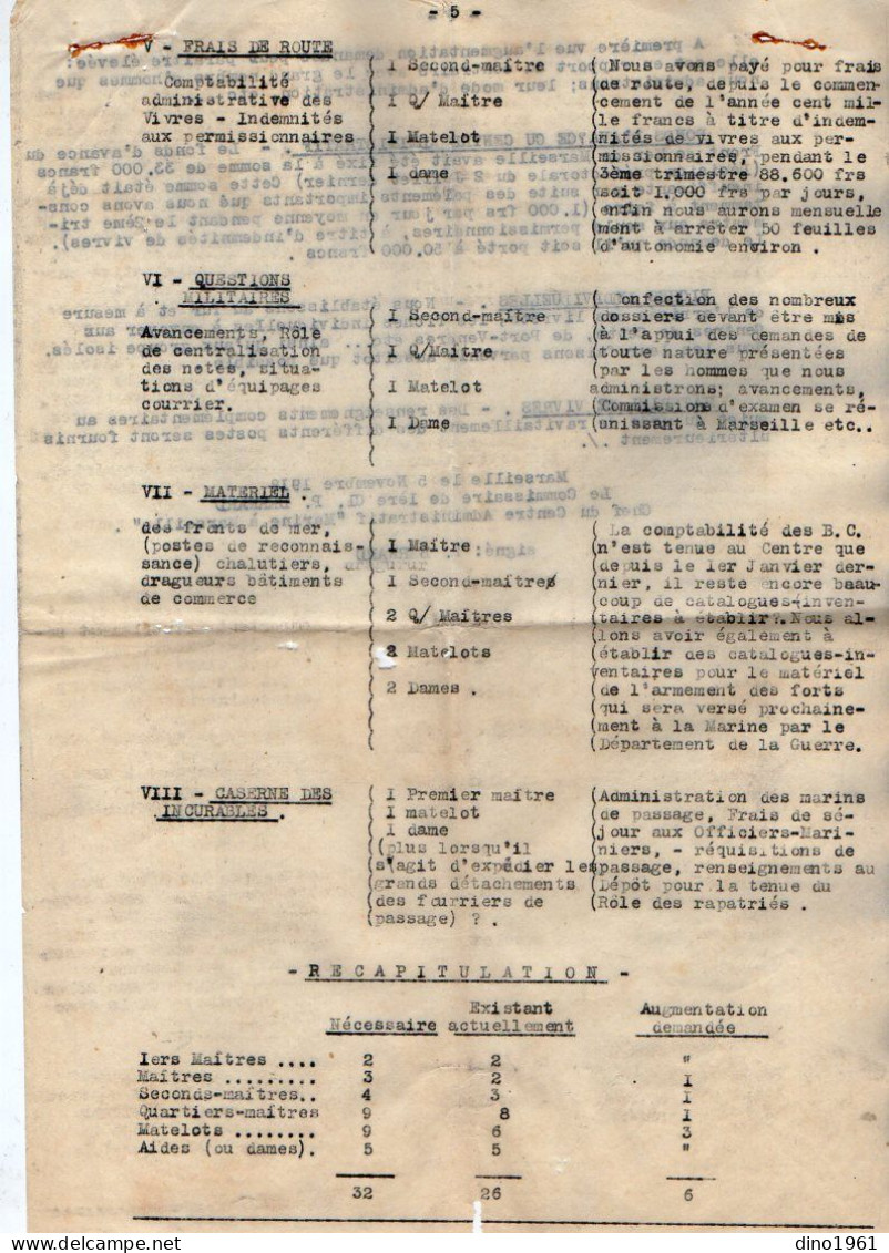 VP22.041 - MILITARIA - Guerre 14/18 - MARSEILLE 1918 - Rapport & Lettre du Contre - Amiral MORNET Commandant la Marine .