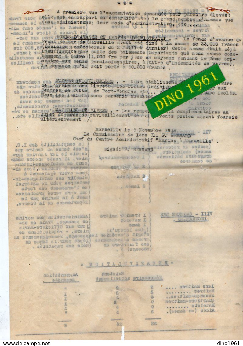 VP22.041 - MILITARIA - Guerre 14/18 - MARSEILLE 1918 - Rapport & Lettre du Contre - Amiral MORNET Commandant la Marine .