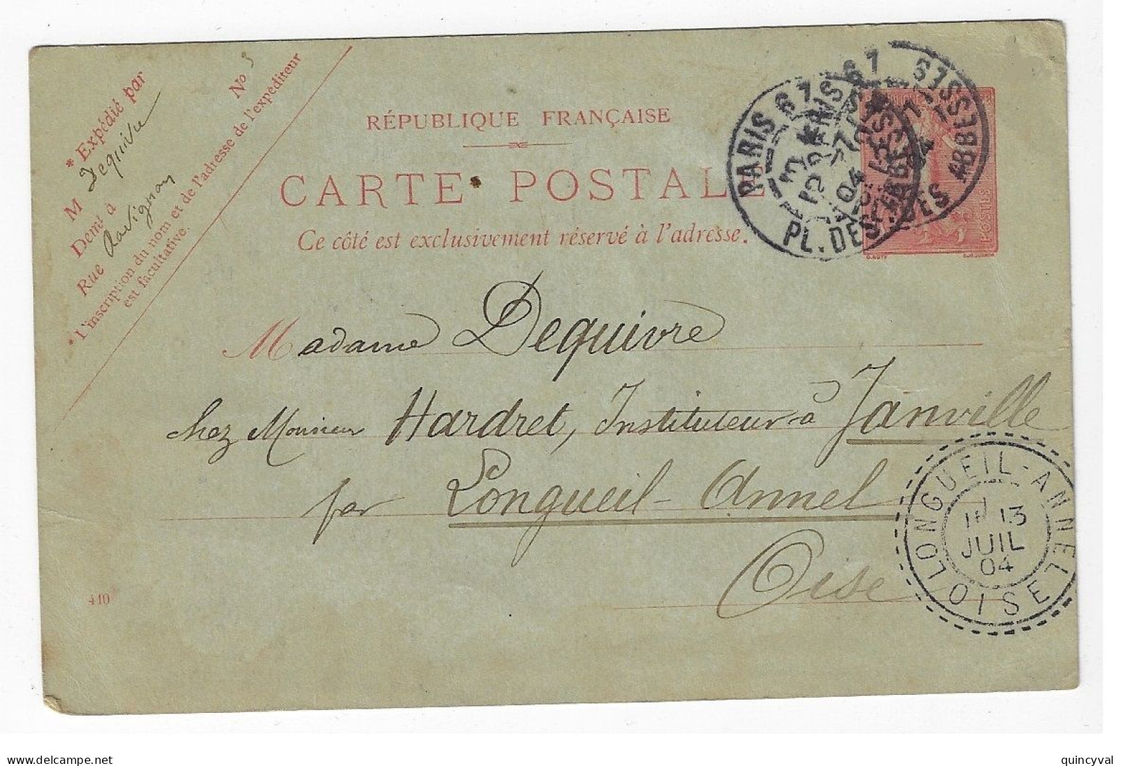 PARIS 67 Carte Postale Entier 10c Semeuse Mill 410 Yv 129-CP1 Dest Longueil Annel Oise Arrivée FB 84 Ob 1904 - Cartes Postales Types Et TSC (avant 1995)