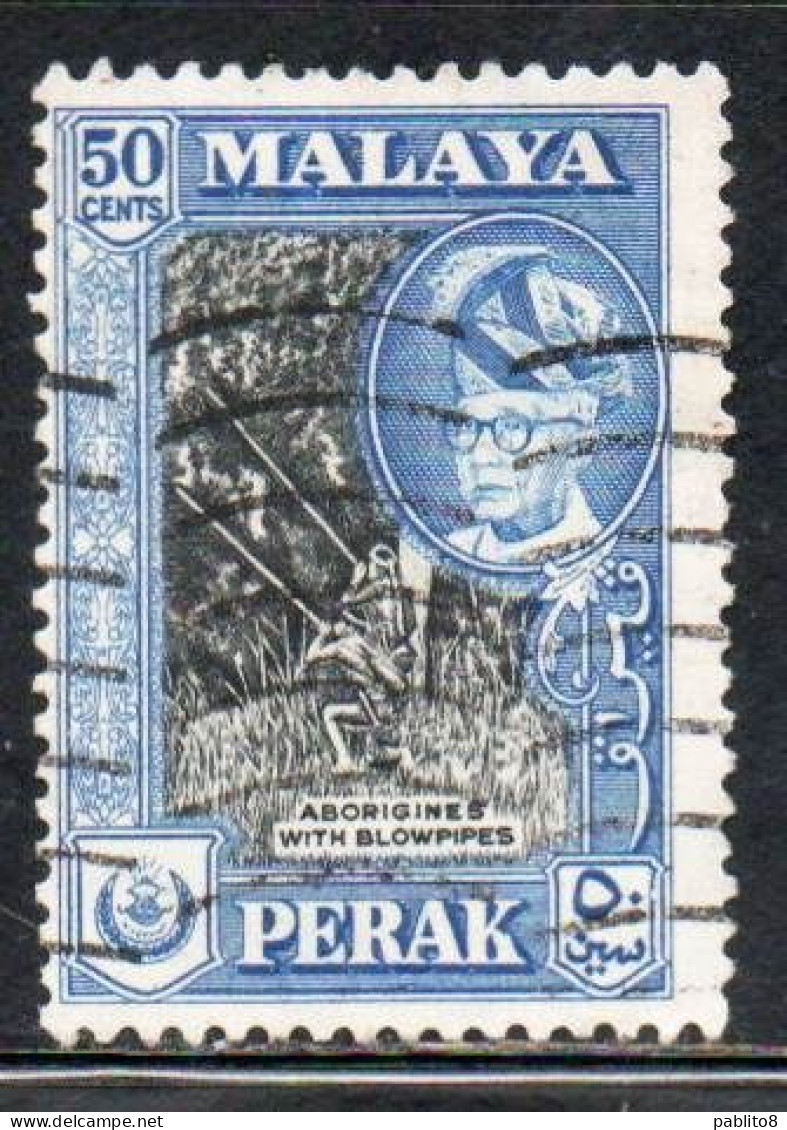 MALAYA PERAK MALESIA 1957 1961 PORTRAIT OF SULTAN YUSSUF IZZUDIN SHAH ABORIGINES WITH BLOWPIPES 50c USED USATO OBLITERE' - Perak