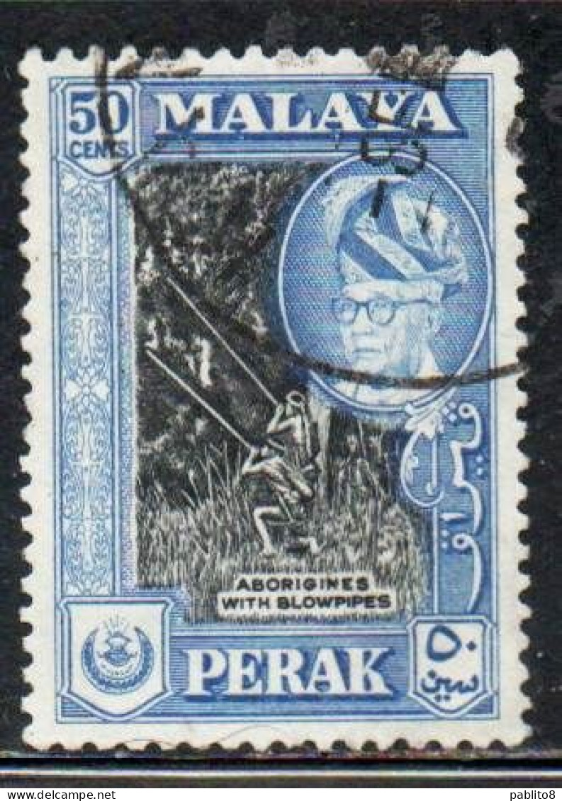 MALAYA PERAK MALESIA 1957 1961 PORTRAIT OF SULTAN YUSSUF IZZUDIN SHAH ABORIGINES WITH BLOWPIPES 50c USED USATO OBLITERE' - Perak