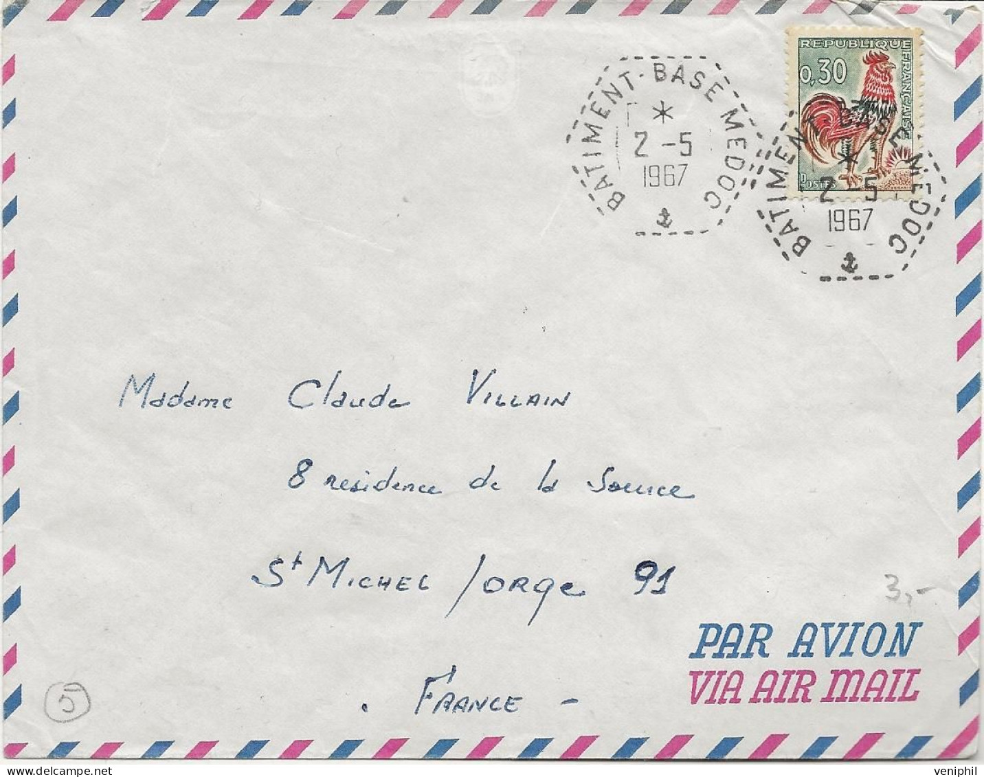 LETTRE  AVEC OBLITERATION OCTOGONALE POINTILLE -BATIMENT BASE MEDOC - ANNEE 1967 - Militaire Stempels Vanaf 1900 (buiten De Oorlog)