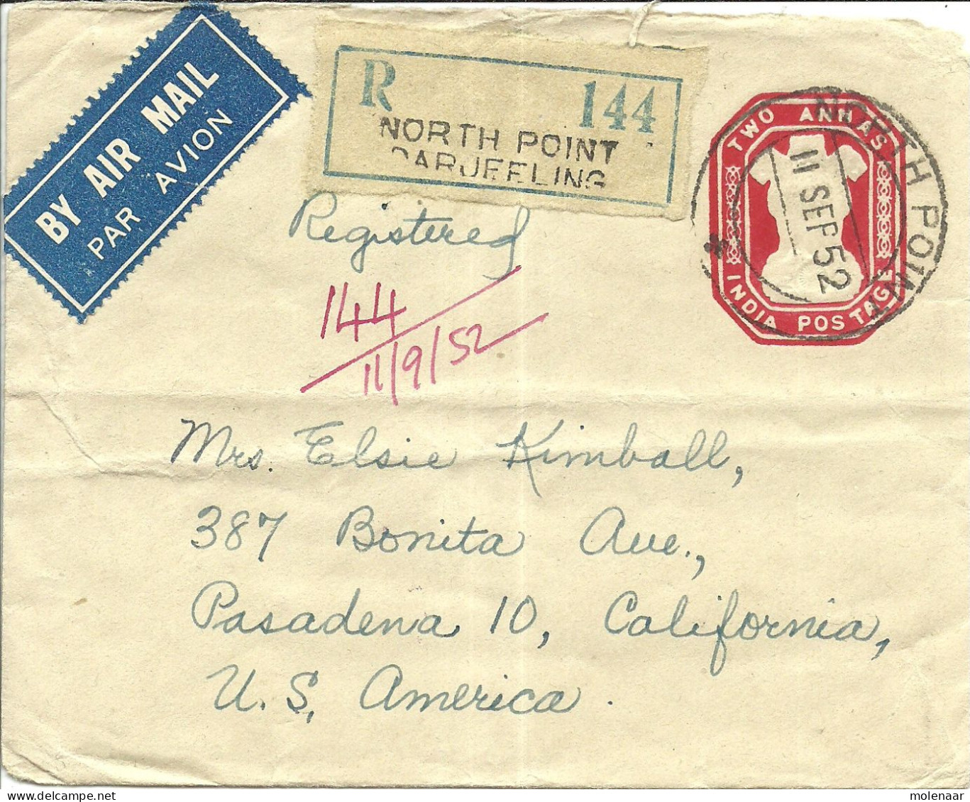 India > Postwaardestukken > Omslagen Aangetekend Omslag Luchtpost Met 5 Postzegels North Point 11 Sept 1952 (10812) - Briefe