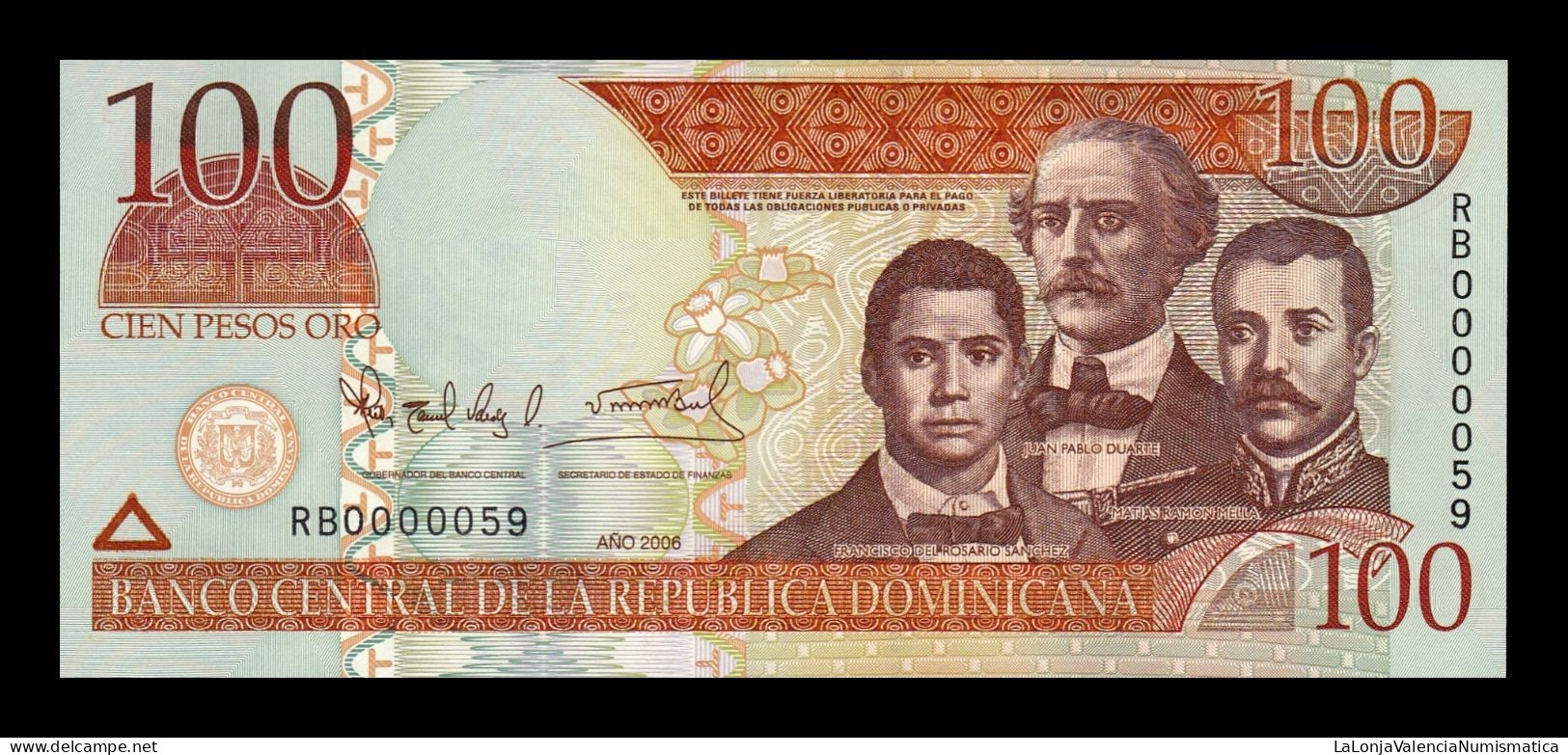 República Dominicana 100 Pesos Oro 2006 Pick 177a Low Serial 59 Sc Unc - Dominicaine