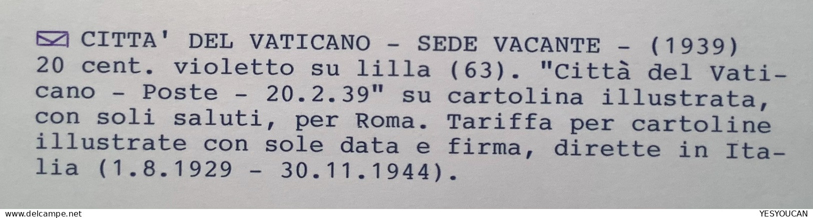 Sa.63 1939 20c SEDE VACANTE Rare Cartolina Postale>Roma   (Vatican Cover Pape Pope Vaticano Italia Italy Lettre Lettera - Briefe U. Dokumente
