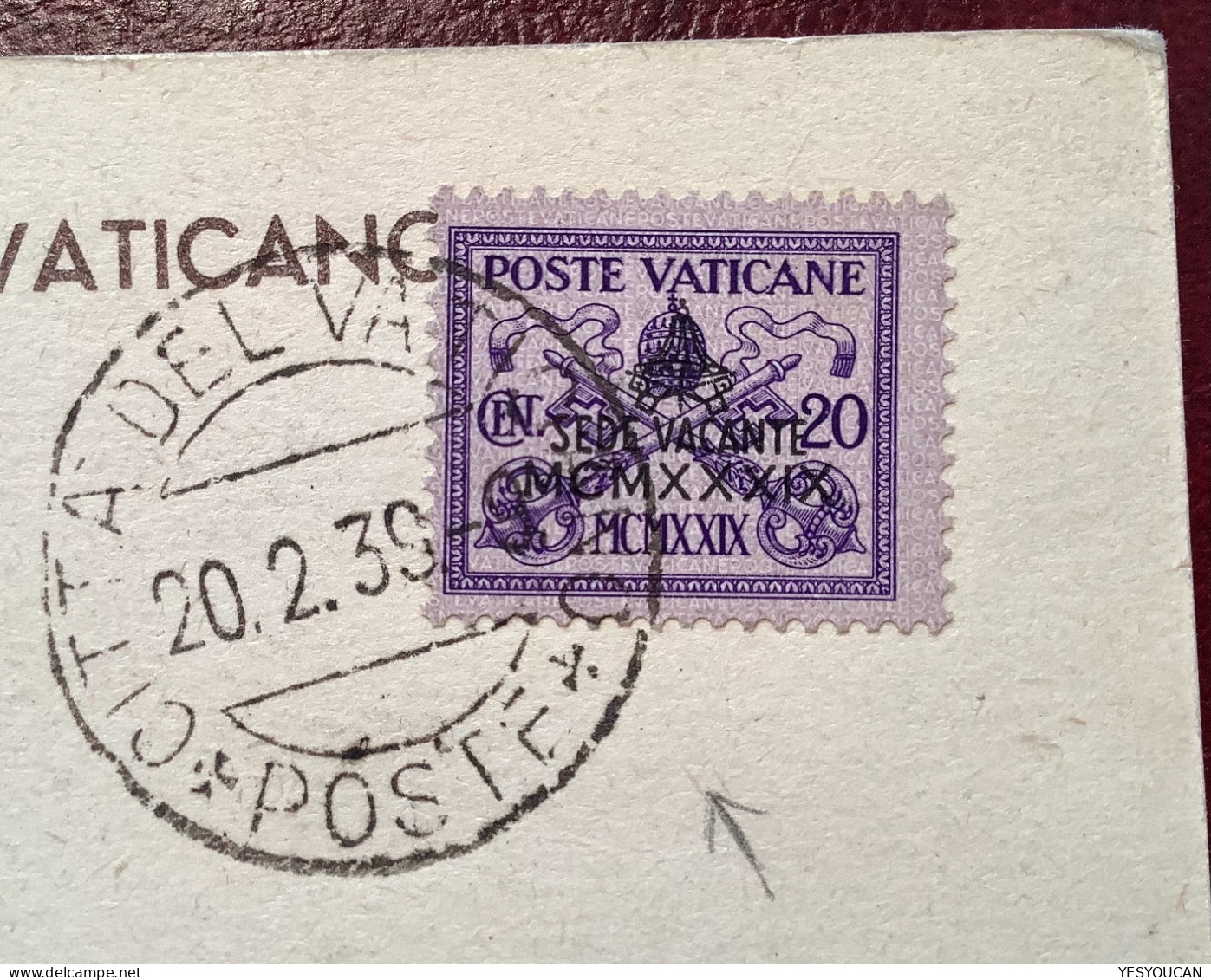 Sa.63 1939 20c SEDE VACANTE Rare Cartolina Postale>Roma   (Vatican Cover Pape Pope Vaticano Italia Italy Lettre Lettera - Covers & Documents