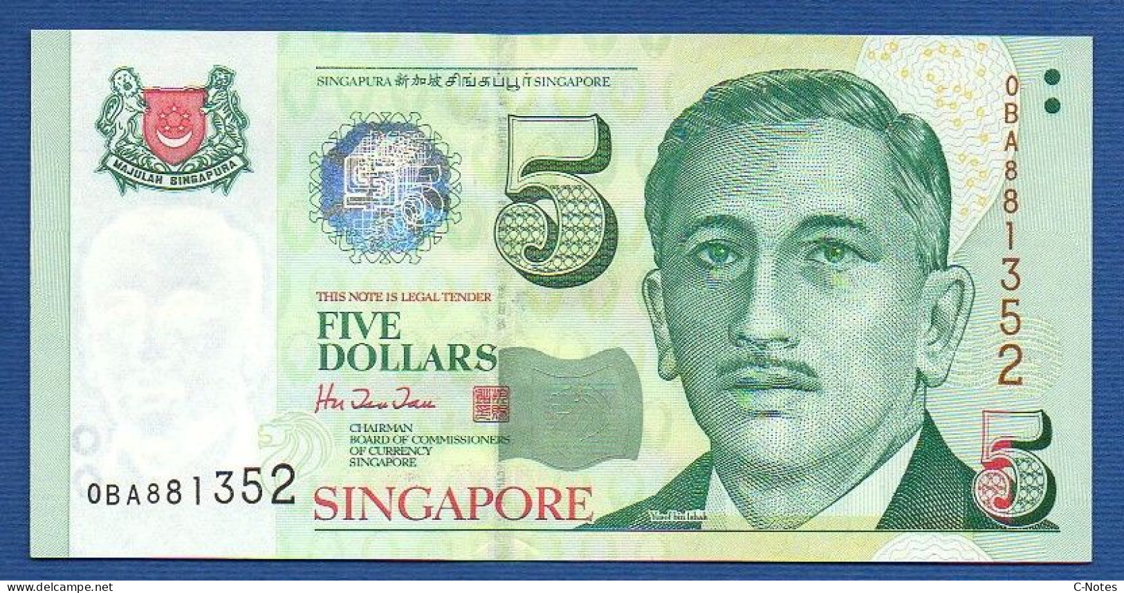 SINGAPORE - P.39 – 5 Dollars ND 1999 UNC, S/n 0BA881352 - Singapore