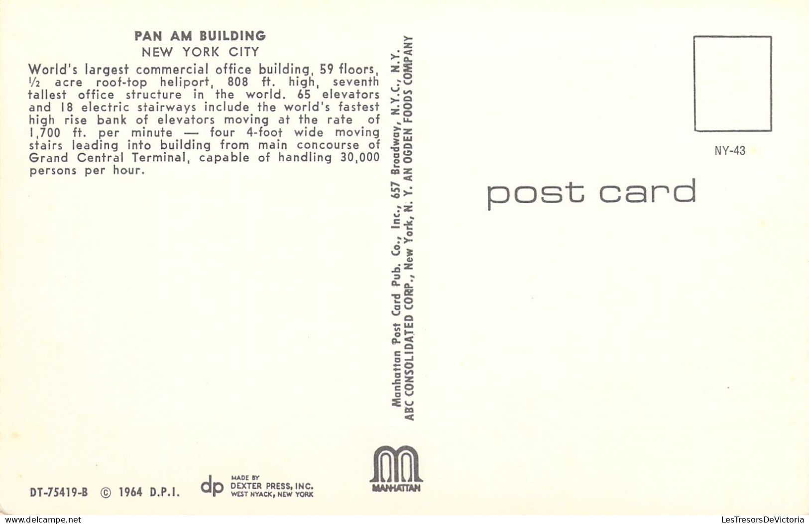 ETATS-UNIS - New York City - Pan Am Building - Carte Postale Ancienne - Andere Monumenten & Gebouwen