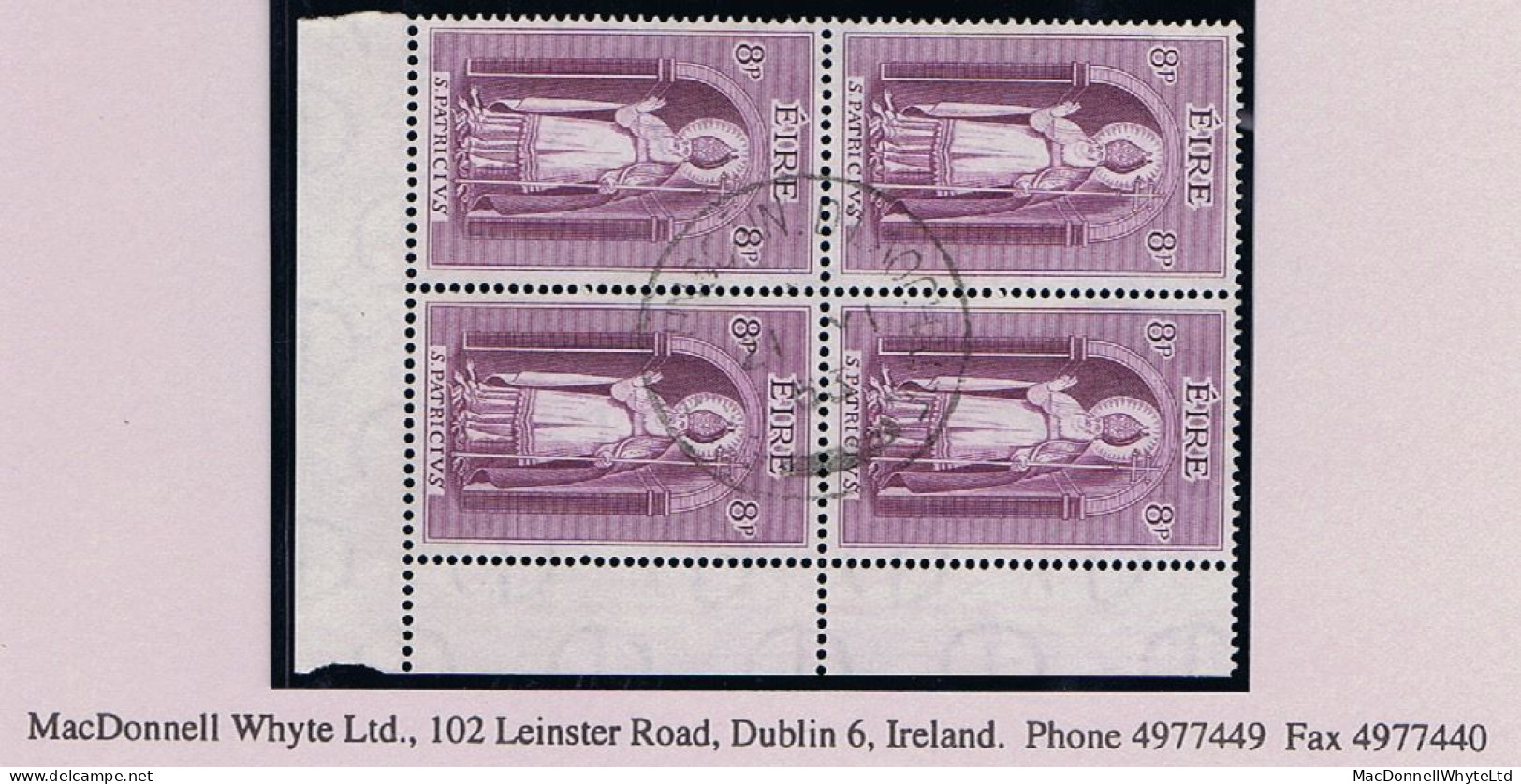 Ireland 1961 Saint Patrick 8d Purple Corner Block Of 4 Fine Used Cds - Usati