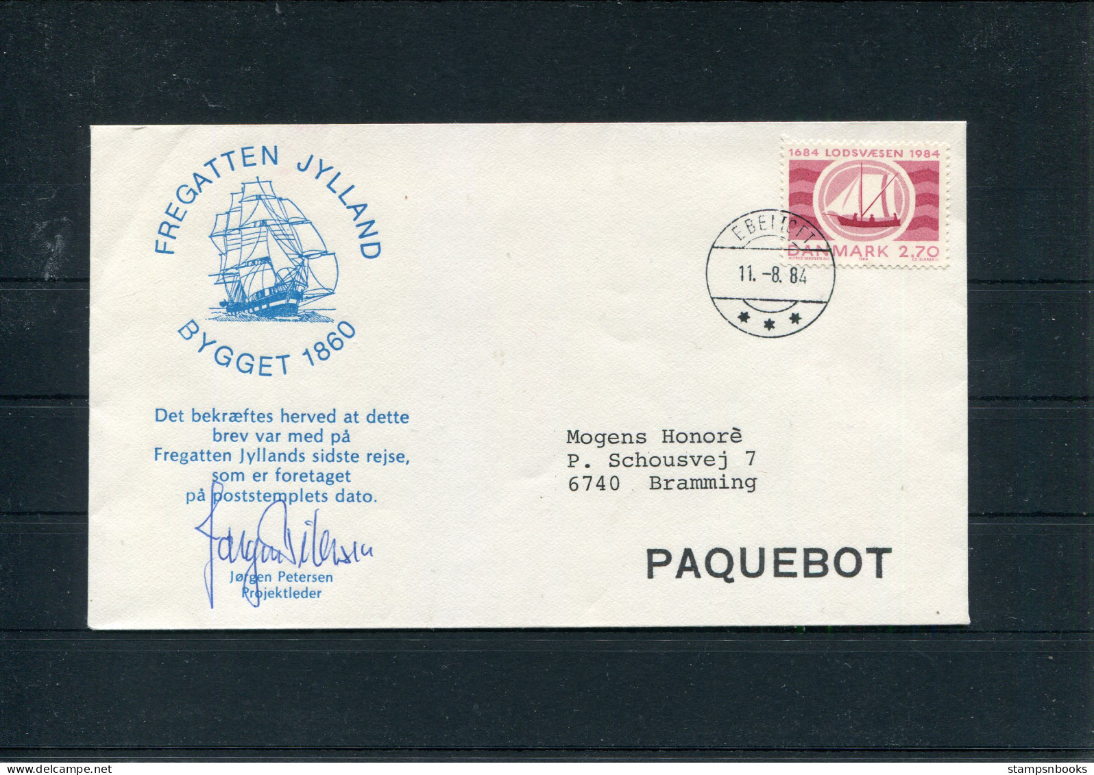 1984 Denmark EBELTOFT Last Voyage Of Fregatten Jylland Signed PAQUEBOT Ship Cover. Slania - Brieven En Documenten