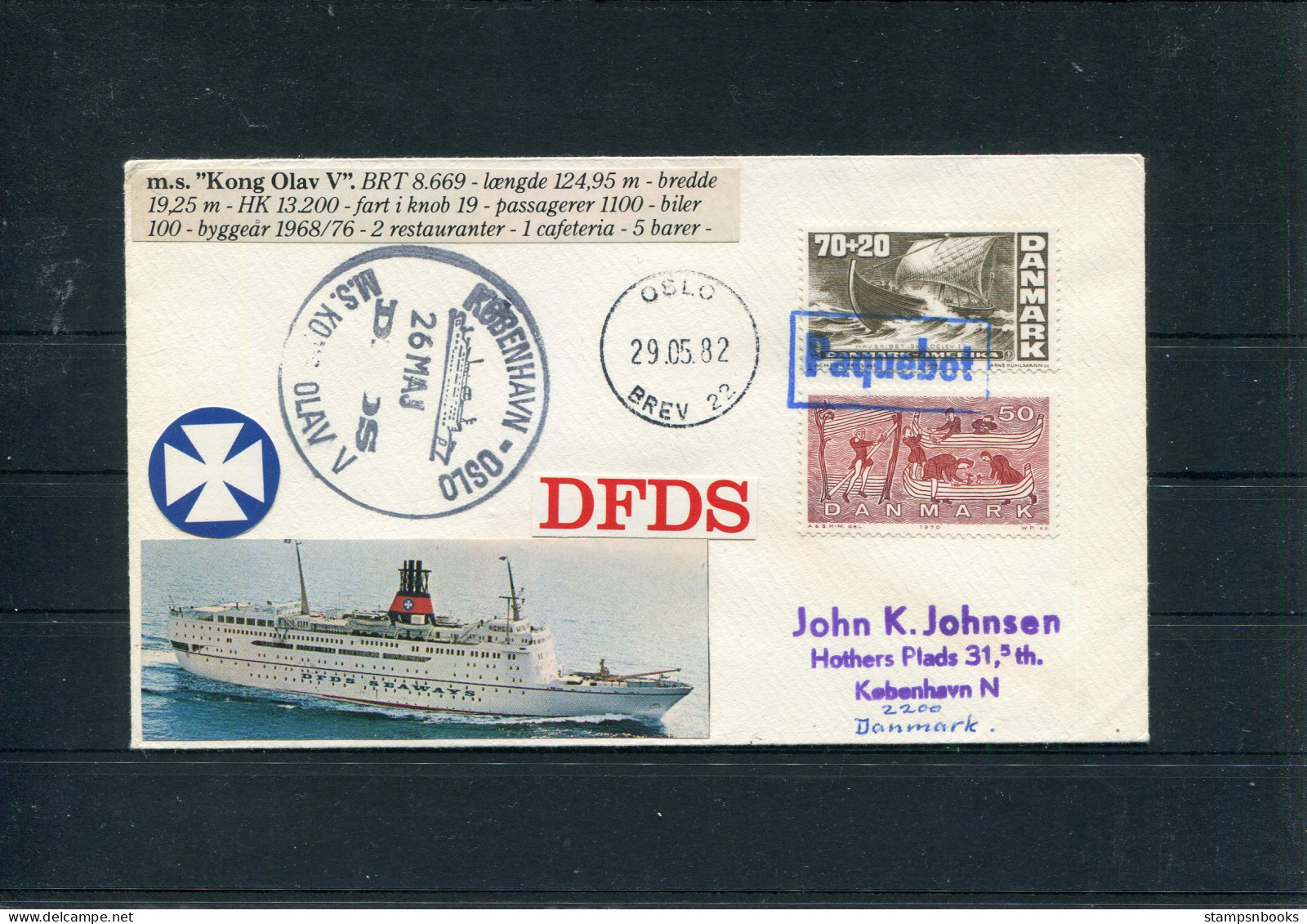 1982 Denmark DFDS M.S. "KONG OLAV V" Copenhagen - Oslo Paquebot Ship Cover - Covers & Documents