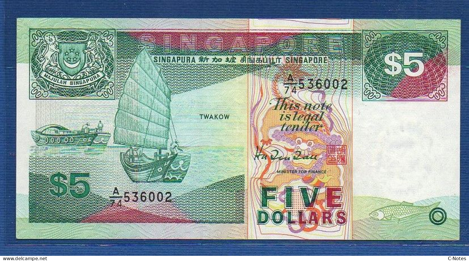 SINGAPORE - P.19 – 5 Dollars ND 1989 VF/XF, S/n A/74 536002 - Singapour