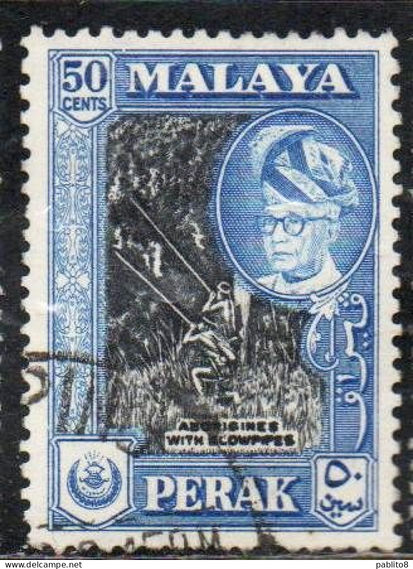 MALAYA PERAK MALESIA 1957 1961 PORTRAIT OF SULTAN YUSSUF IZZUDIN SHAH ABORIGINES WITH BLOWPIPES 50c USED USATO OBLITERE' - Perak