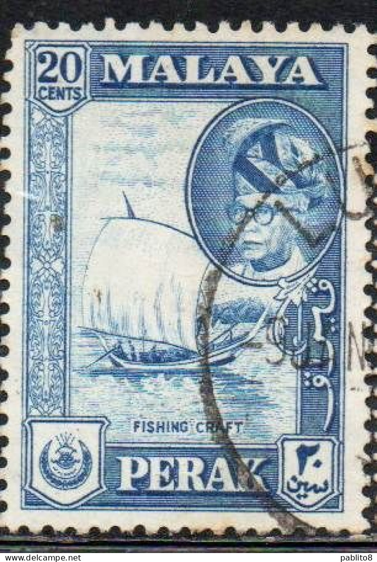 MALAYA PERAK MALESIA 1957 1961 PORTRAIT OF SULTAN YUSSUF IZZUDIN SHAH FISHING CRAFT 20c USED USATO OBLITERE' - Perak