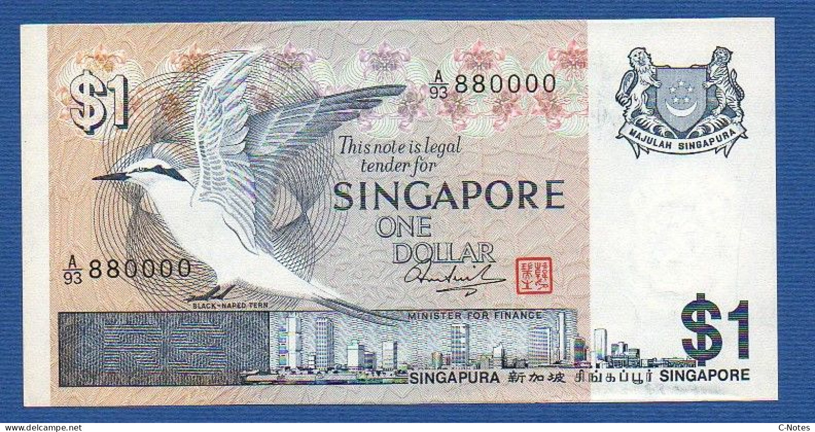 SINGAPORE - P. 9 (1) – 1 Dollar ND 1976 AUNC-, S/n A/93 880000 NICE SERIAL NUMBER - Singapur