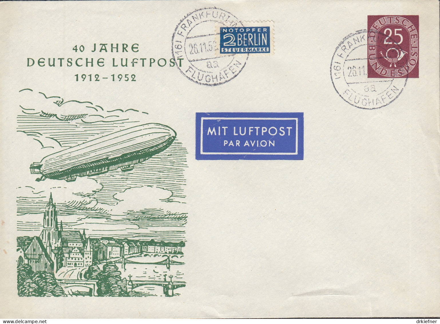 BRD PU 4/3 Mit Stempel: Frankfurt Flughafen 26.11.1952 - Privatumschläge - Gebraucht