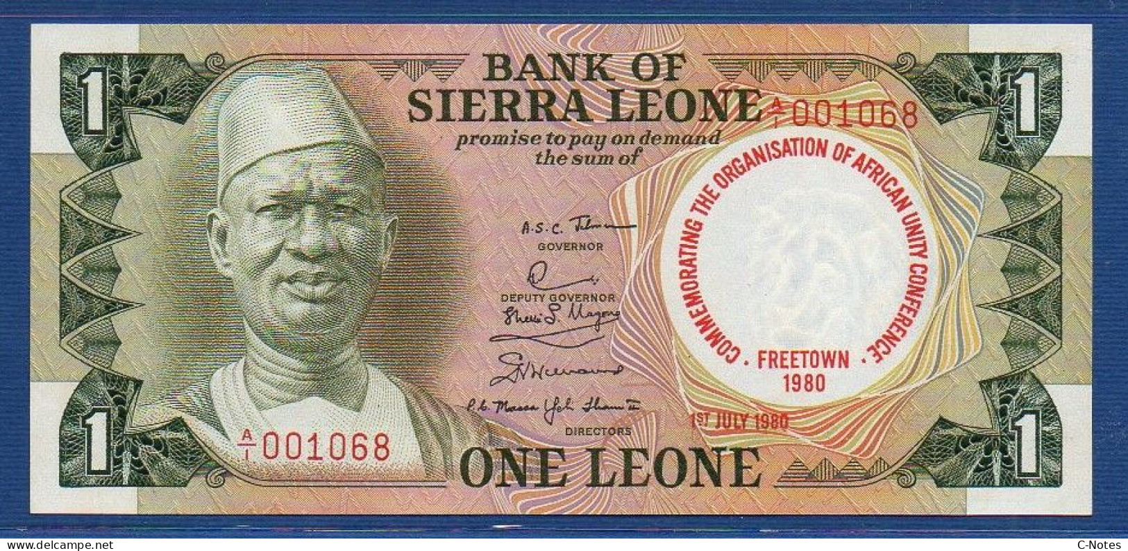 SIERRA LEONE - P.10 – 1 Leone 1980 UNC, S/n A/1 001068 "OAU Conference In Freetown" Commemorative Issue - Sierra Leona