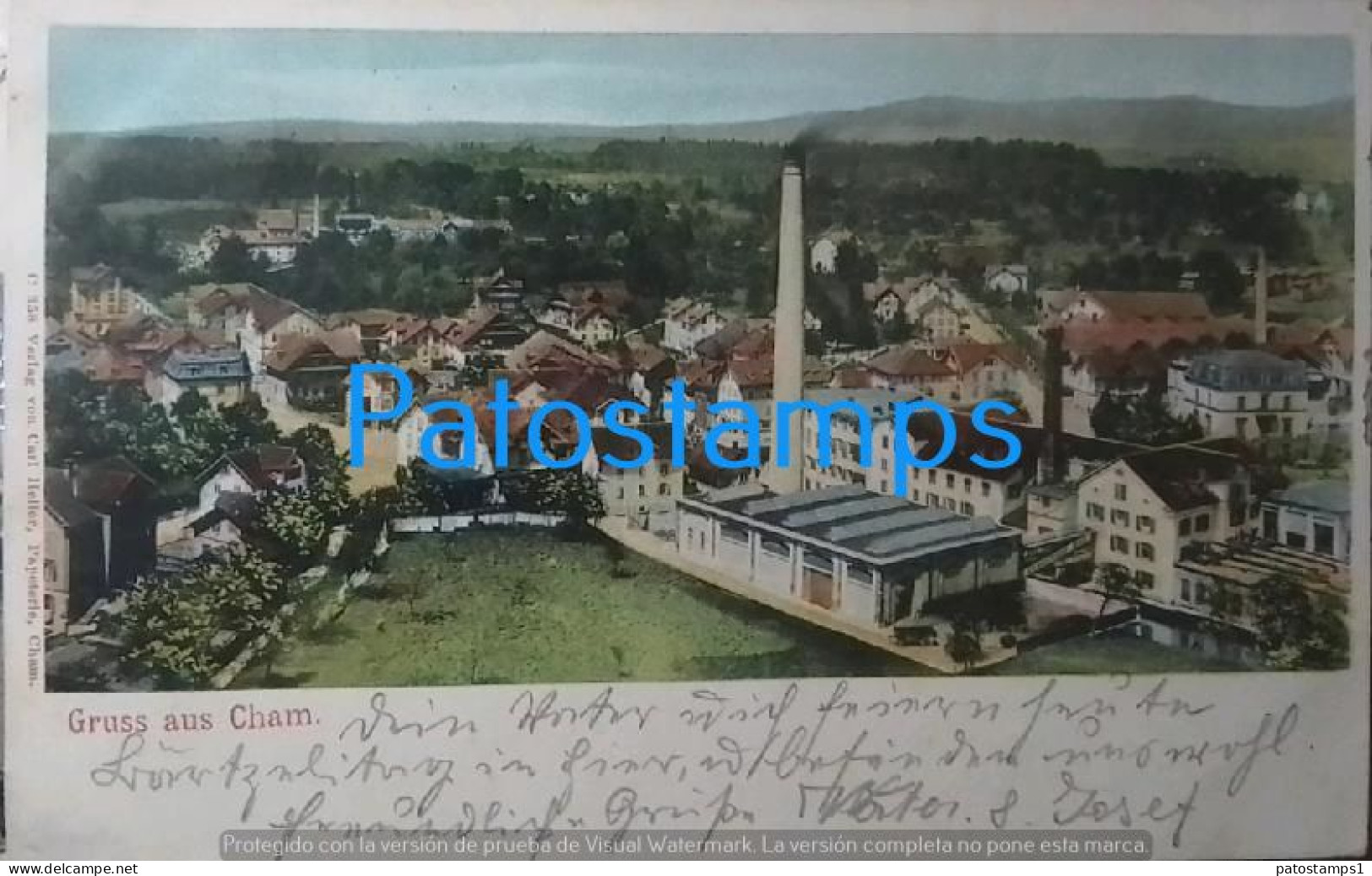 206103 SWITZERLAND GRUSS AUS CHAM VIEW PARTIAL YEAR 1903 CANCEL AMBULANT POSTAL POSTCARD - Cham