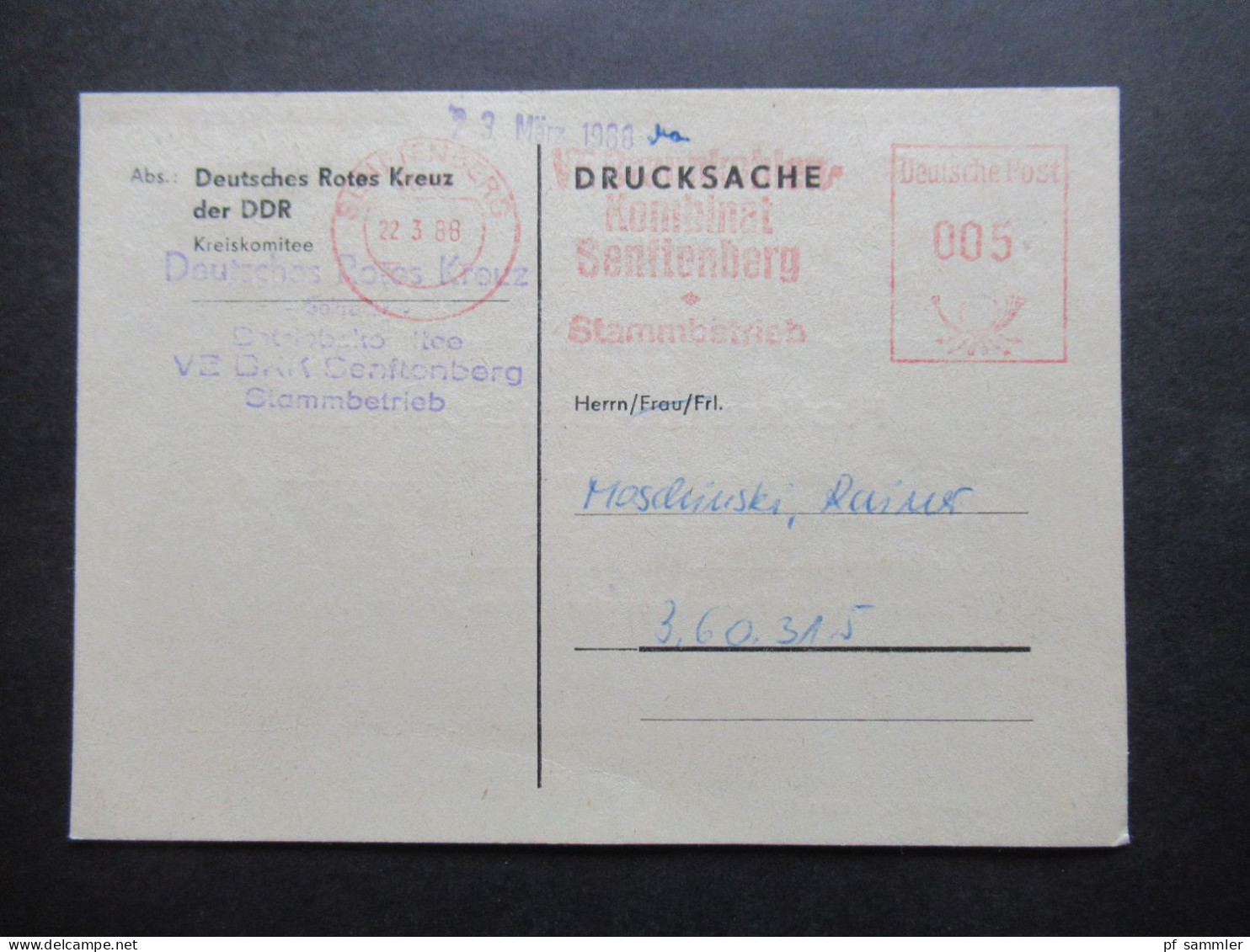 DDR 1988 Postkarte Mit AFS / Freistempel Deutsche Post VE DRK KOmbinat Senftenberg Stammbetrieb / Einladung Blutspende - Covers & Documents