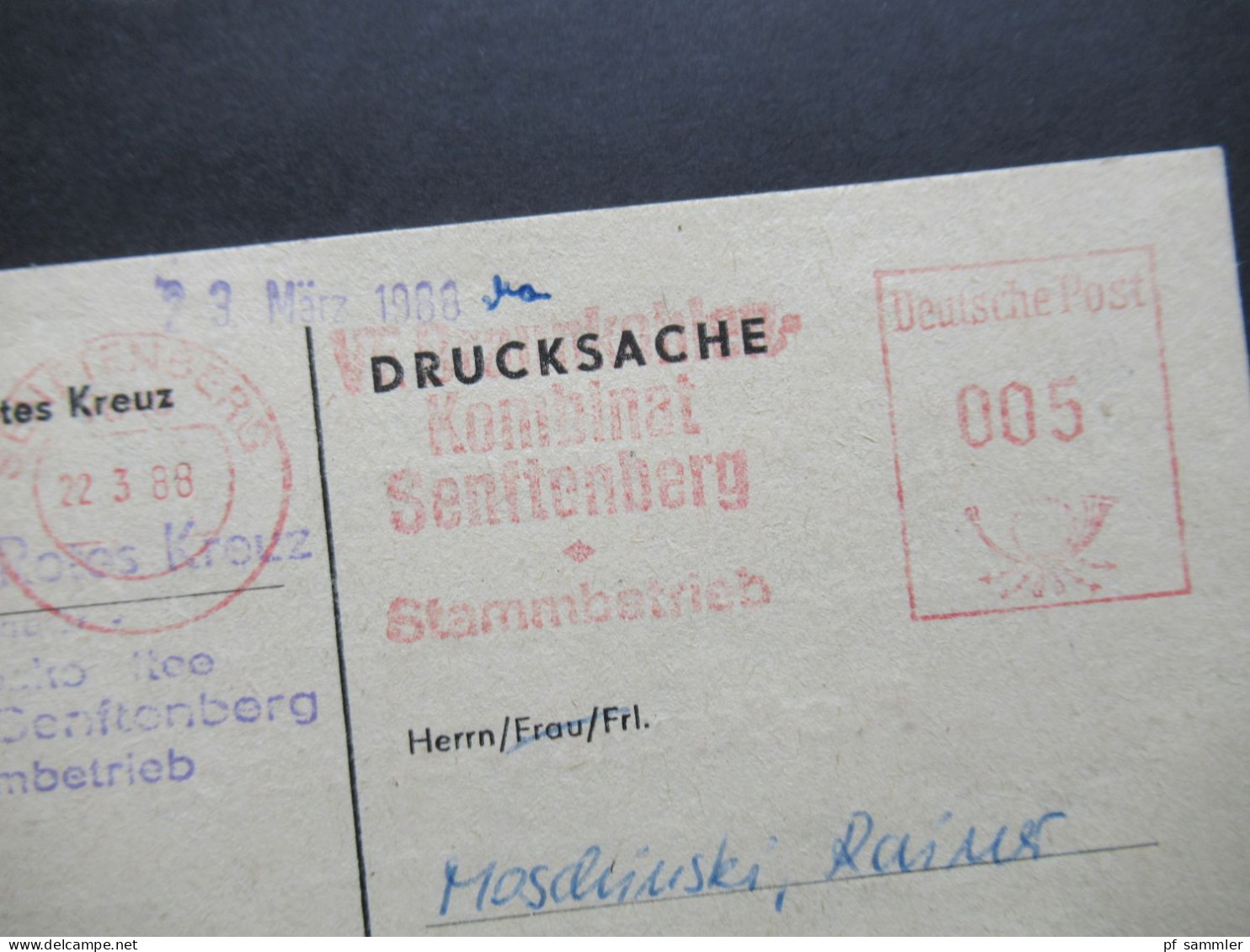 DDR 1988 Postkarte Mit AFS / Freistempel Deutsche Post VE DRK KOmbinat Senftenberg Stammbetrieb / Einladung Blutspende - Briefe U. Dokumente