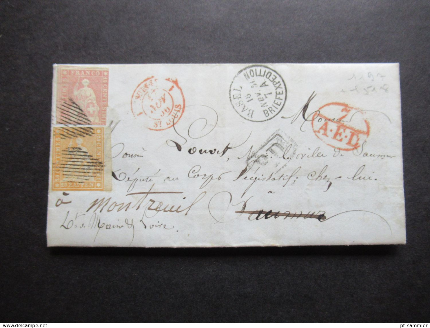 Schweiz 1856 Strubel 2 Farbenfrankatur Auslandsbrief Basel - Saumur Und Weitergeleitet Nach Montreuil / PD + Weitere Stp - Storia Postale