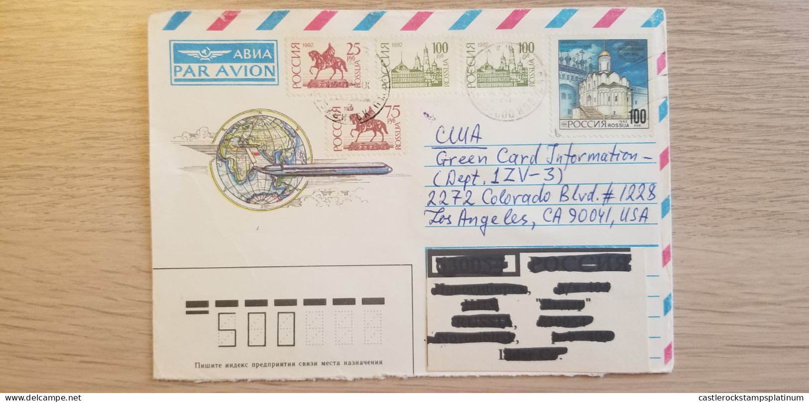 A) 1993, RUSSIA, SENT TO LOS ANGELES - UNITED STATES, WITH CANCELLATIONS, AIR MAIL, STATUE OF YURI DOLGORUKYI, MOSCOW KR - Gebruikt