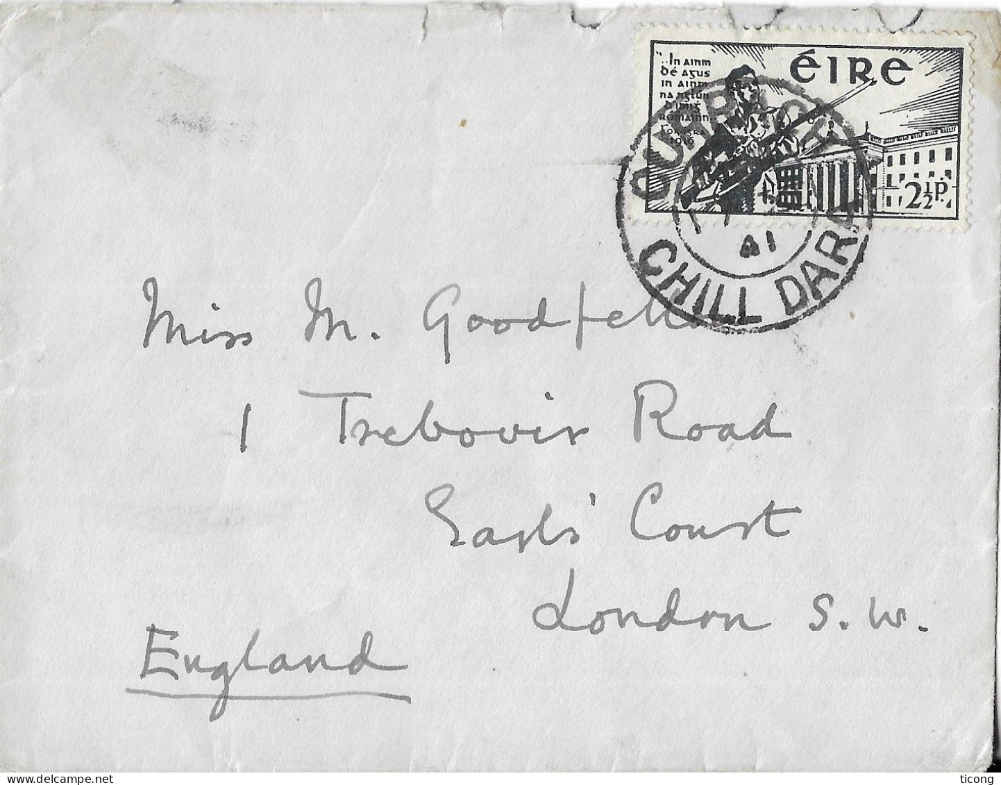 IRLANDE EIRE - LETTRE DE CURRAGH CHILL DARA 1941 - TIMBRE VOLONTAIRE DE L INDEPENDANCE DE 1941 POUR LONDRES, A VOIR - Cartas & Documentos