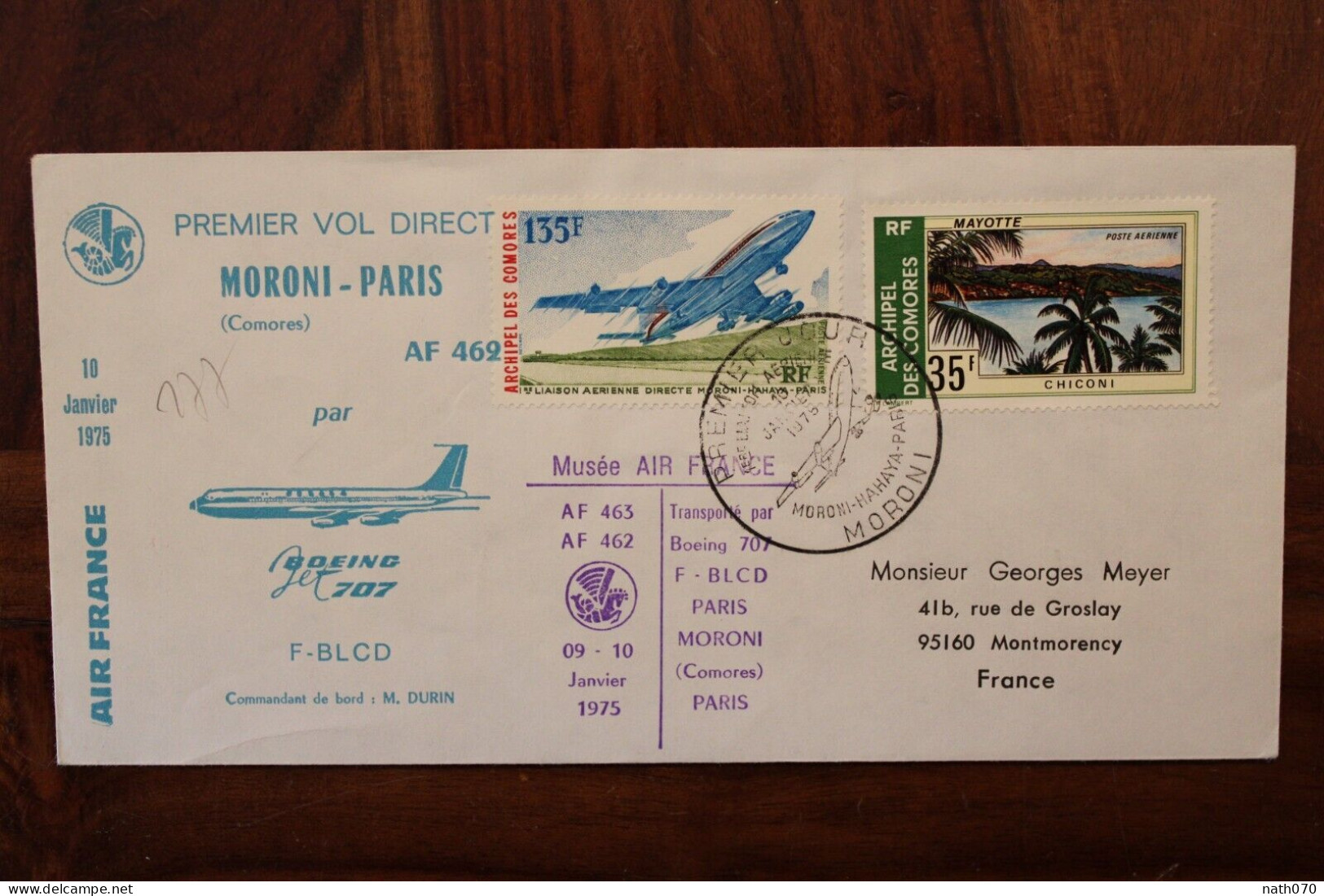 1975 Comores Moroni Hahaya Paris FRANCE 1st Flight Cover Air Mail Par Avion Boeing 707 Timbre 135f Rare - Comoren (1975-...)