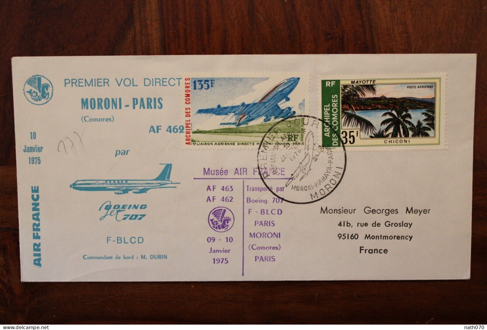 1975 Comores Moroni Hahaya Paris FRANCE 1st Flight Cover Air Mail Par Avion Boeing 707 Timbre 135f Rare - Isole Comore (1975-...)