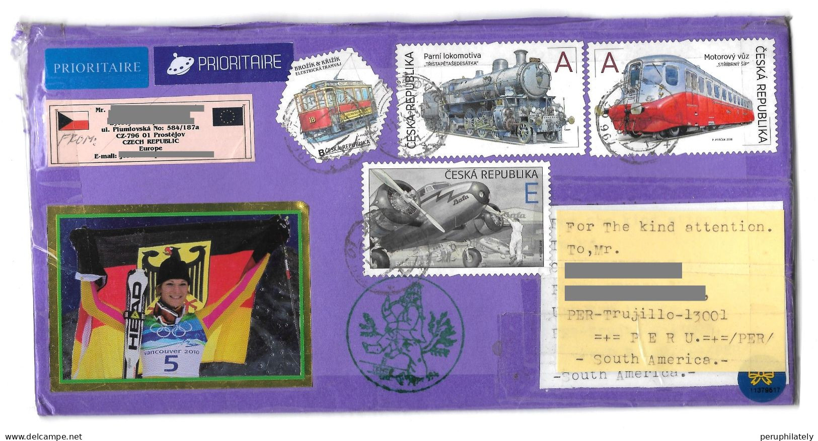 Czech Republic Cover With Train & Airplane Stamps Sent To Peru - Briefe U. Dokumente