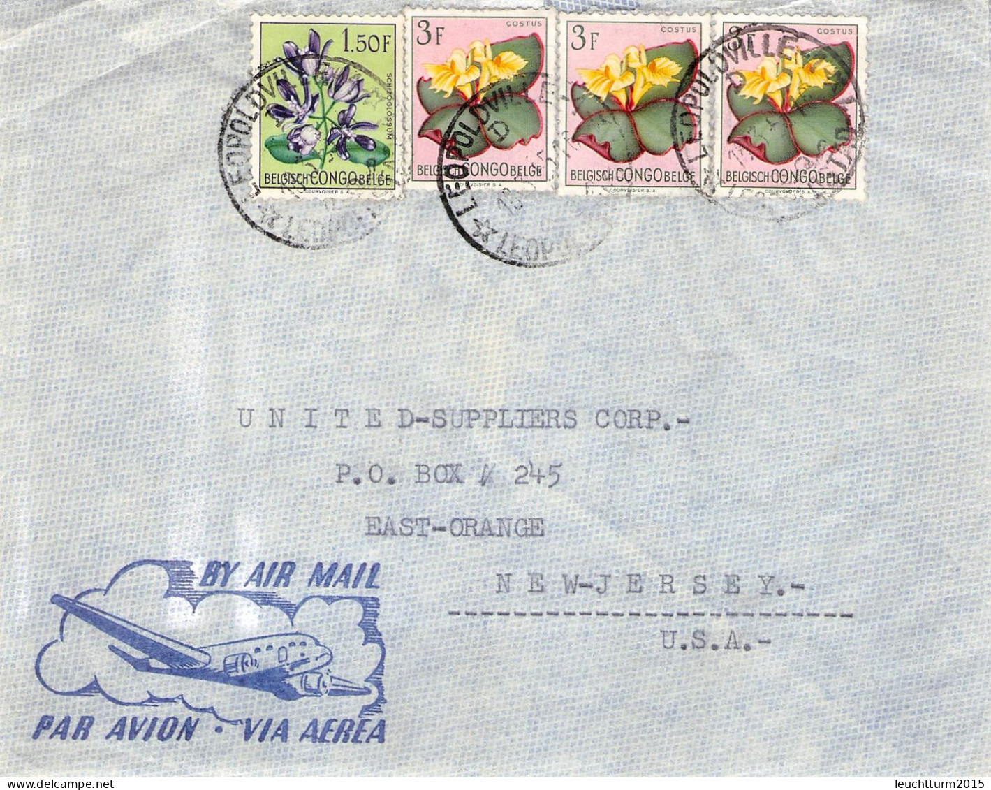 BELG. CONGO - AIRMAIL 1955 LEOPOLDVILLE > NEW JERSEY Mi #305, 307 / YZ402 - Covers & Documents