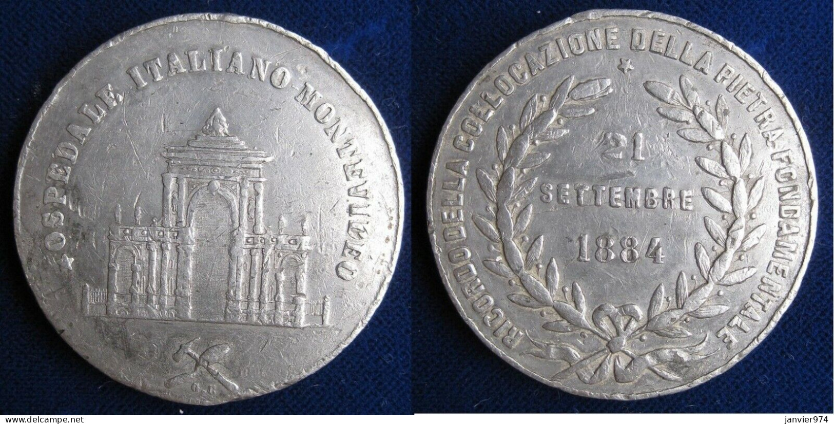 Uruguay, Médaille En étain , Pose De 1er Pierre De L'hôpital Italien De Montevideo 1884  - Altri & Non Classificati