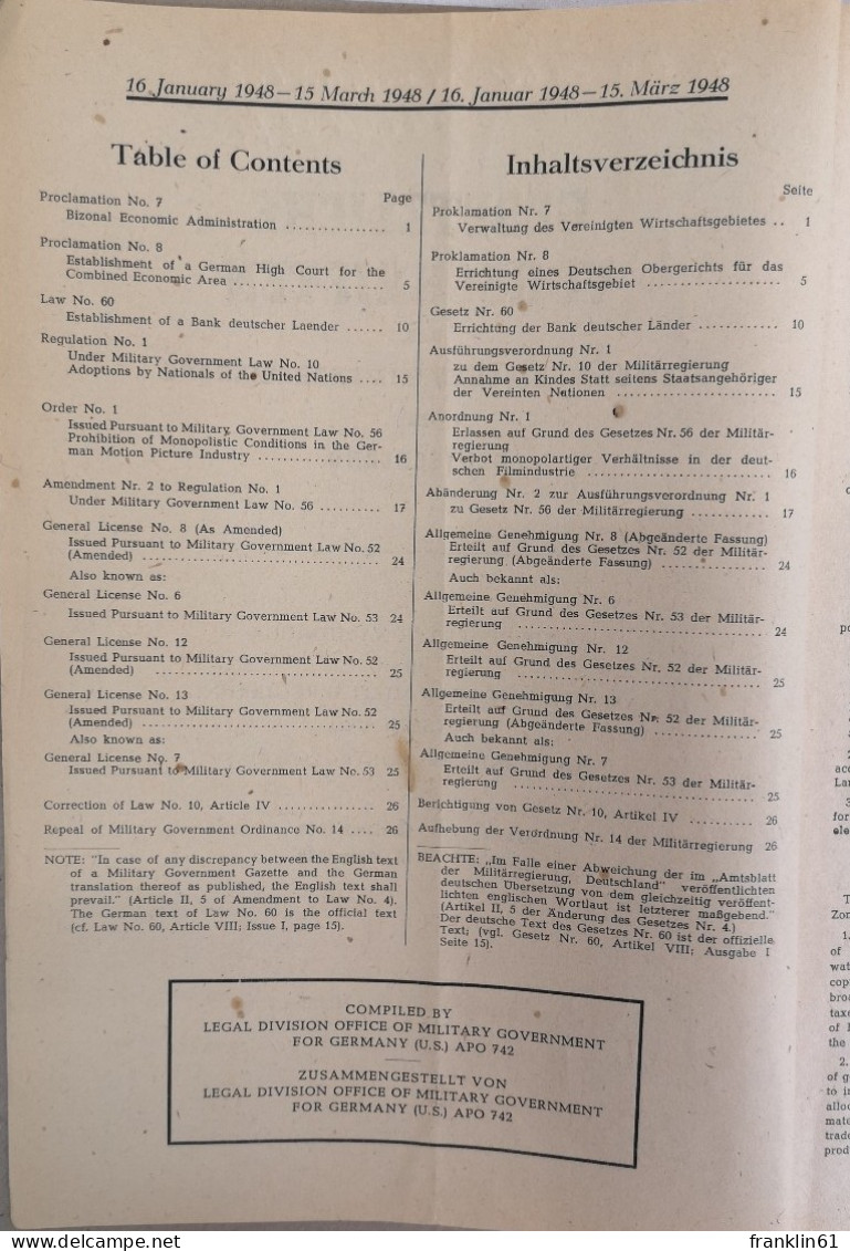 Gesetzliche Vorschriften Der Amerikanischen Militärregierung In Deutschland. Autorisierter Nachdruck Des Amtsb - Police & Militaire