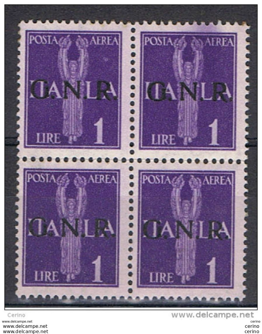 R.S.I.:  1944   P.A. ALLEGORIA  SOPRASTAMPATO  -  £. 1  VIOLETTO  BL. 4  N. -  SBAVATURA  DI  COLORE  -  SASS. 121 - Luchtpost