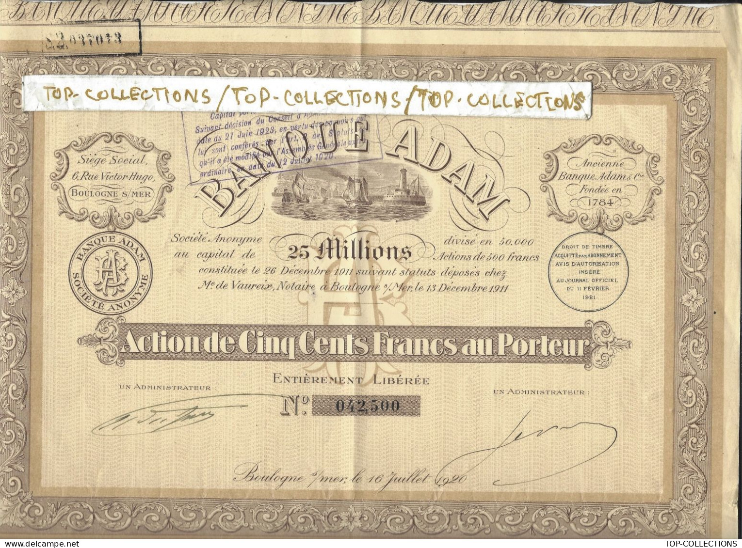 1920 RARE BANQUE AYANT DEPOSE SON BILAN FAILLITE Adam Boulogne Sur Mer  V.SCANS+HISTORIQUE - Banca & Assicurazione