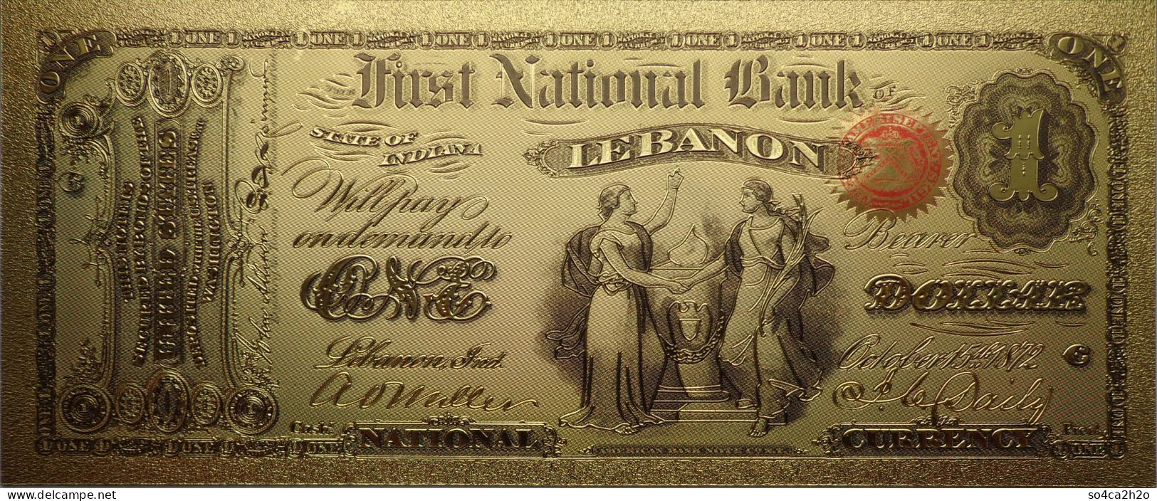 Billet Plaqué Or 24K  1 Dollar First National Bank State Of Indiana  Lebanon  Colorisé UNC - Other - America