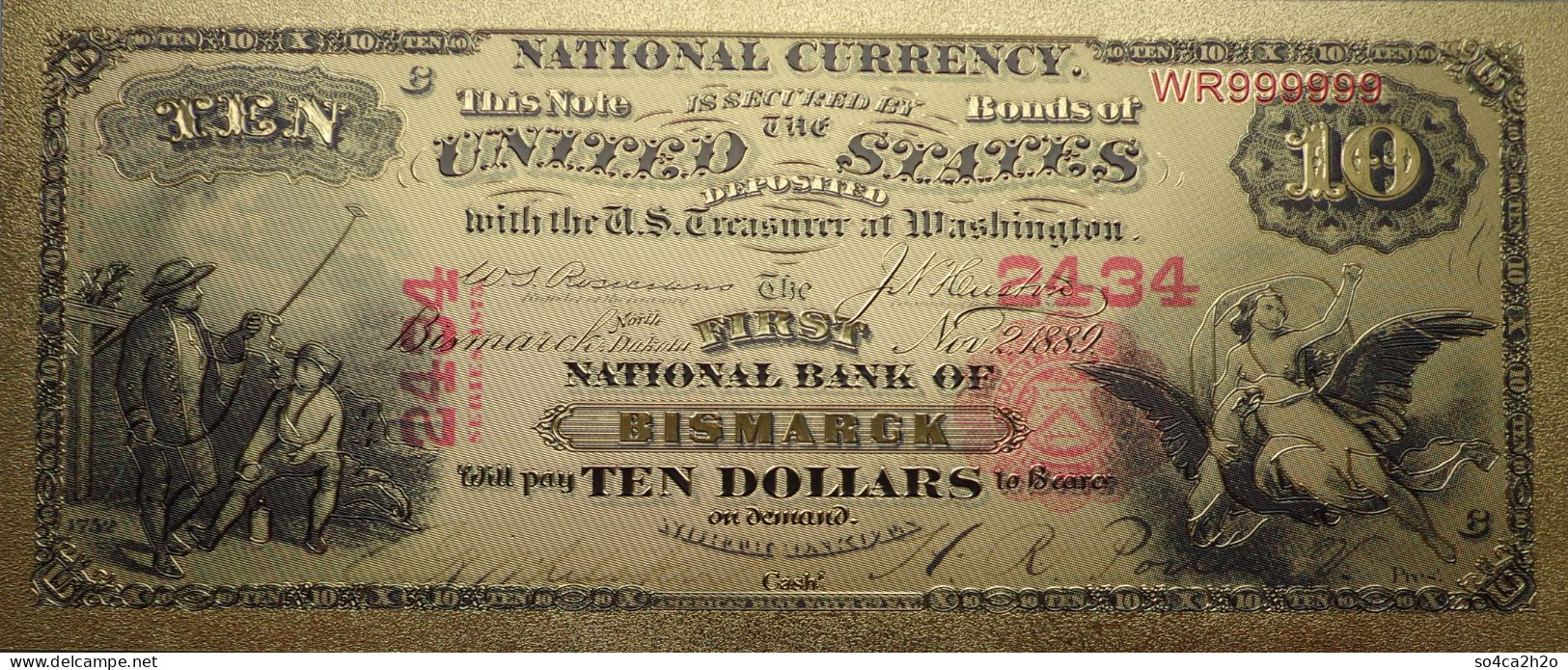 Billet Plaqué Or 24K  10 Dollars National Bank Of Bismark Séries 1875  Colorisé UNC - Otros – América